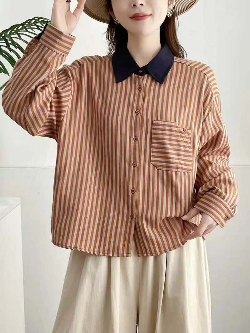 اليابانية خمر موري فتاة مخطط المرقعة قمصان النساء الخريف جديد رفض طوق كم طويل بلوزة فضفاضة غير رسمية القمم