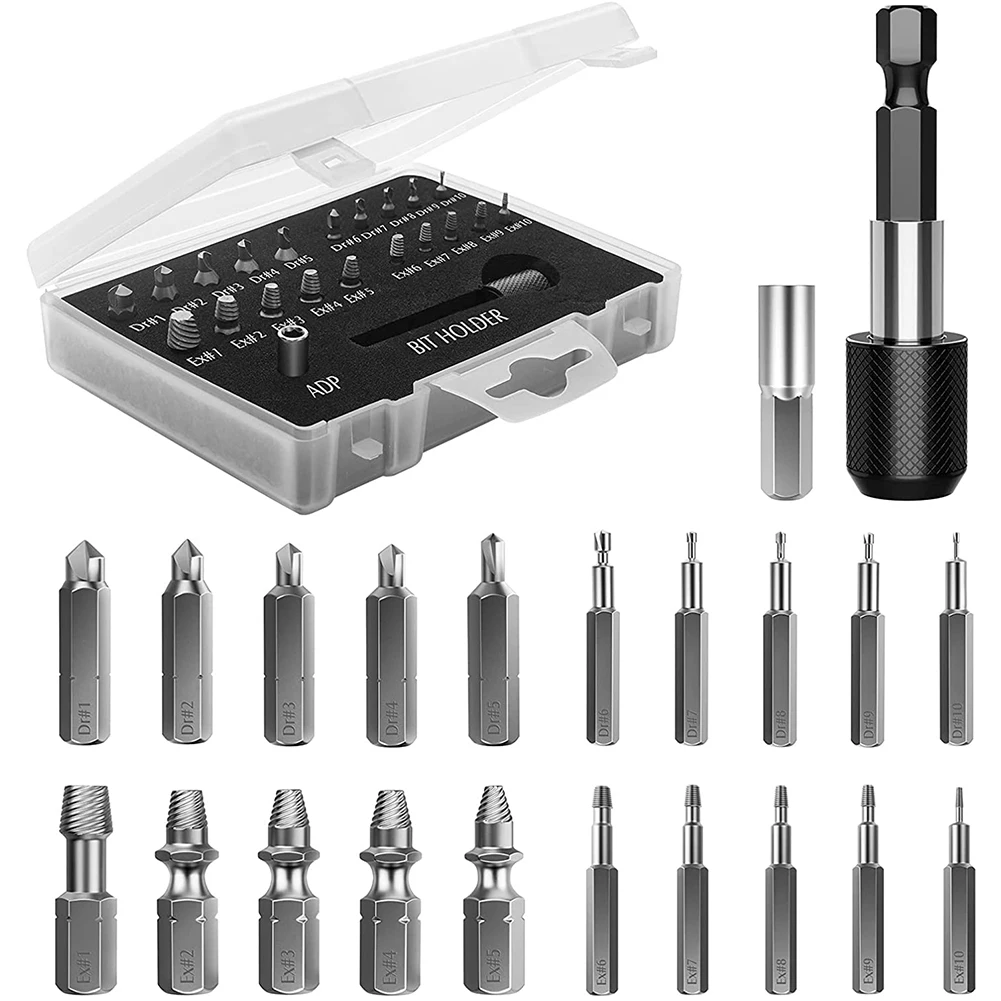 Juego de extractores de tornillos dañados, Kit de extractores de tornillos pelados de 22 piezas, juego de removedor de tornillos rotos HSS con adaptador de broca y enchufe