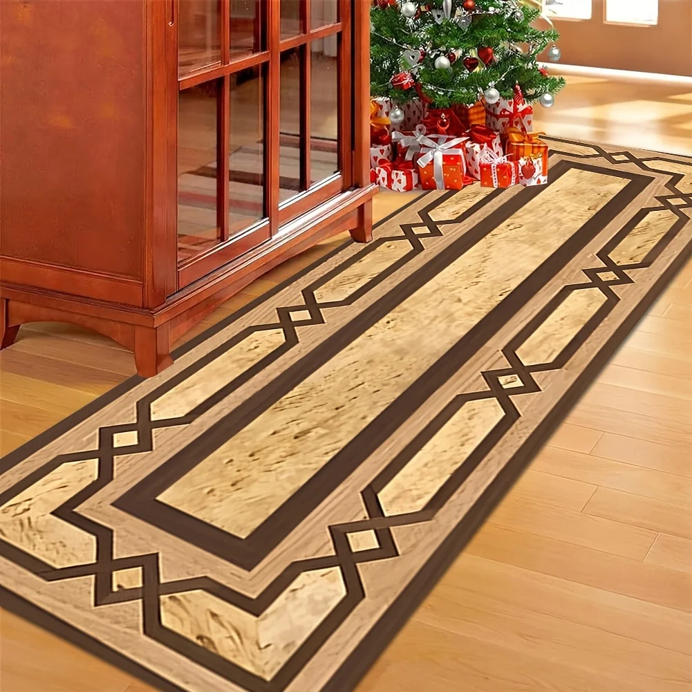 Geometric Trellis Kitchen Mat Interlocking Border Runner Rug Faux Wood Texture Traditional Hallway Floor Cushion Runner