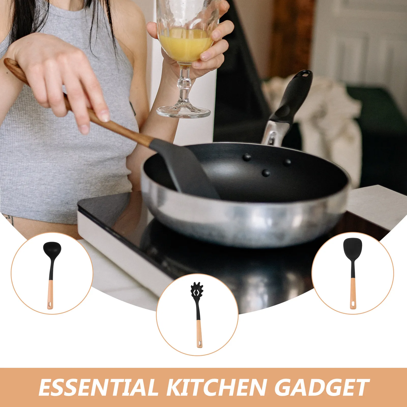 

3Pcs Silicone Kitchen Utensil Set Wood Handle Heat Resistant Cooking Spoon Spatula Nonstick Cooking Utensils Essential Gadgets