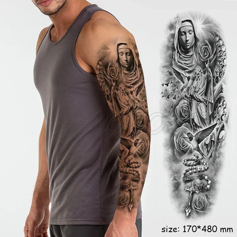 Waterdichte Tijdelijke Tattoo Sticker Jezus Maagd Zus Vrede Duif Vogel Bloem Volledige Arm Tatoo Flash Nep Tatto Voor Mannen Vrouwen