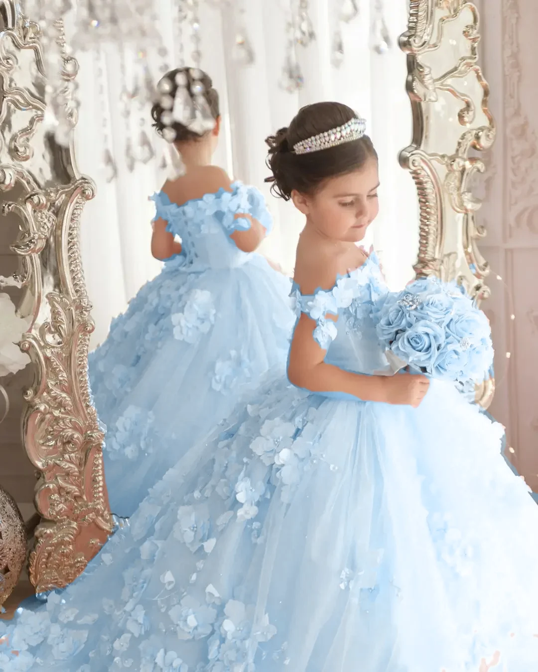 Luxurious 3d Applique Flower Girl Dress For Wedding Off Shoulder Pearls Tulle Child First Eucharistic Birthday Party Dress