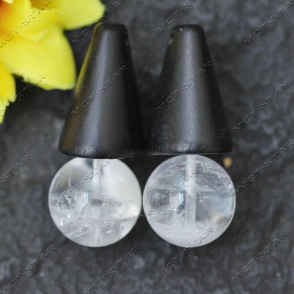 MTC·STAR 18mm Handmade Natural Taper Black Walnut Wood Clear Quartz Sphere Crystal Dangle Earrings for Women (Z14733)