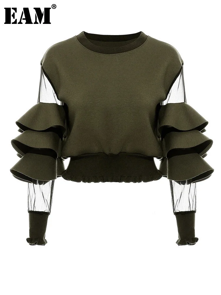 

[EAM] Loose Fit Green Mesh Ruffles Sweatshirt New Round Neck Long Sleeve Women Big Size Fashion Tide Spring Autumn 2024 JC509