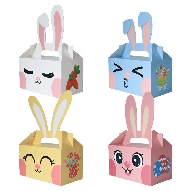 

12 PCS Easter Gift Box Easter Egg Candy Package Box Bunny Big Ears Carrying Basket Cake Paper Bags Party Favors Home Decorations