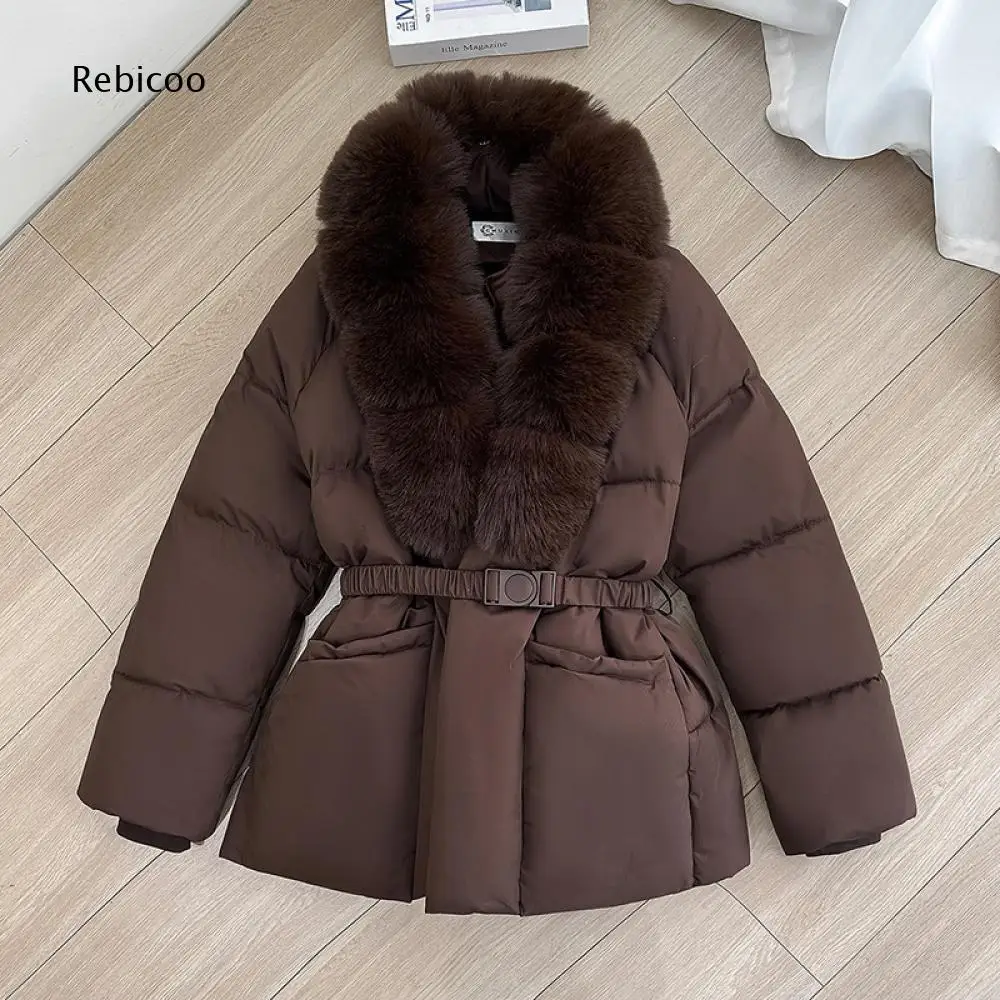 Womens Winter Padded Outerwear Wide Faux Fur Collar Waist Cinching Belt Pockets For Commuting And Outdoor Activities