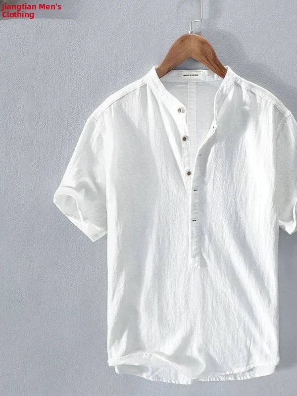 

Linen Stand Collar Overhead T-Shirt Short Sleeve Loose Men's Casual Summer Shirt Artistic Youthwear Linen Blouse