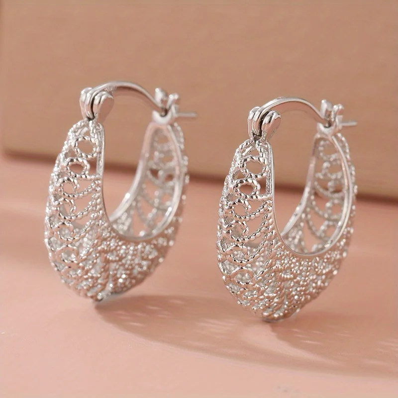 Bohemian Vintage Hollow Flower Vine Hoop Earrings - Silvery Plated, Carved Design, Perfect for Weddings and Parties