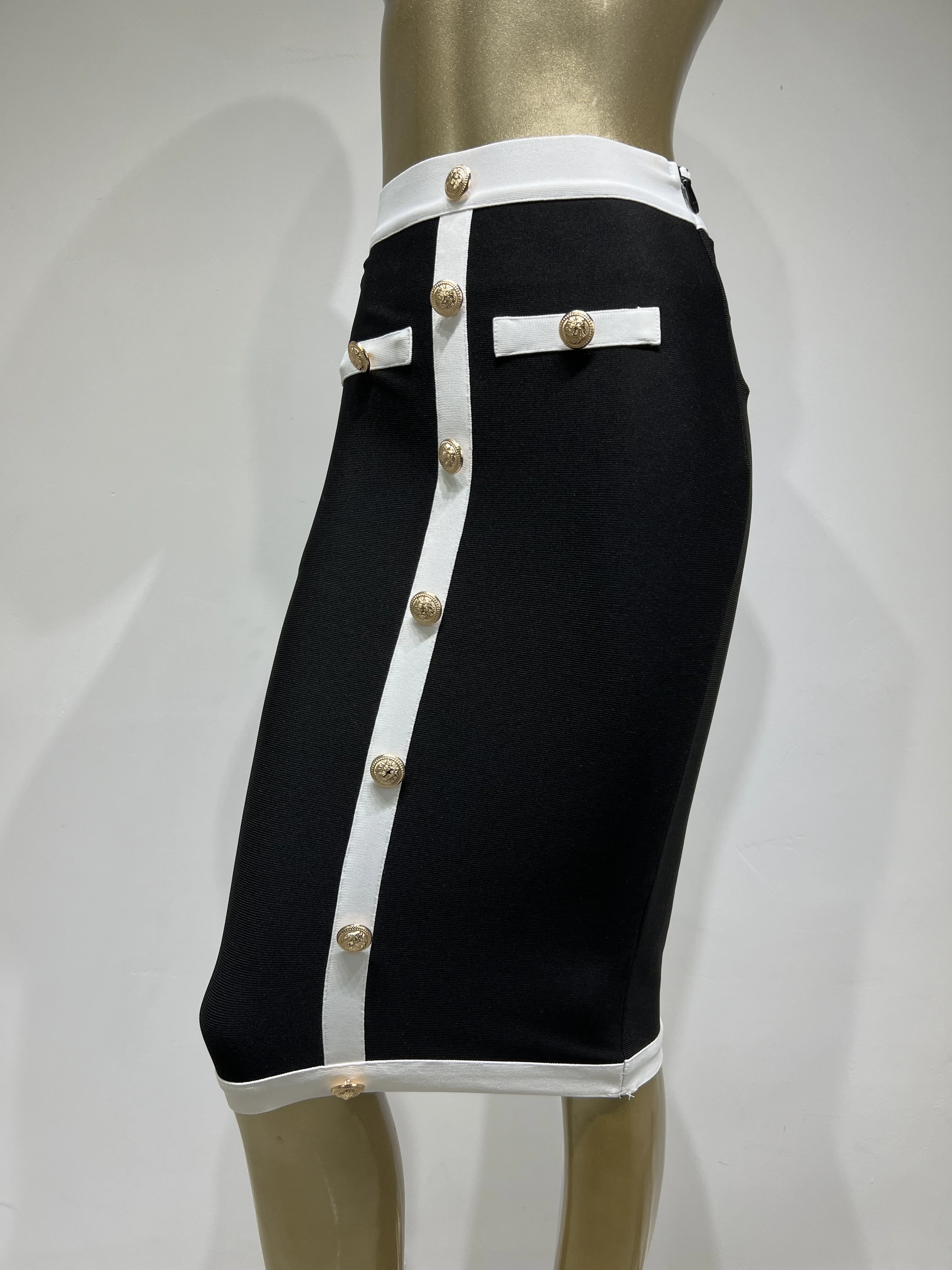 Women Elastic Bandage Skirt Black White High Waist Gold Buttons Elegant Pencil Skirts Office Lady Formal Business Wear
