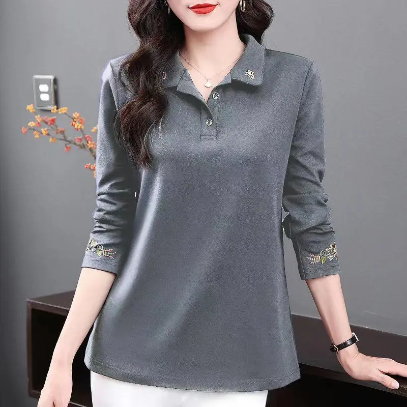 Women\'s Vintage Embroidery Polo Collar Elegant T-shirts Spring Autumn Korean Fashion Casual Long Sleeve Loose Tops Ropa De Mujer