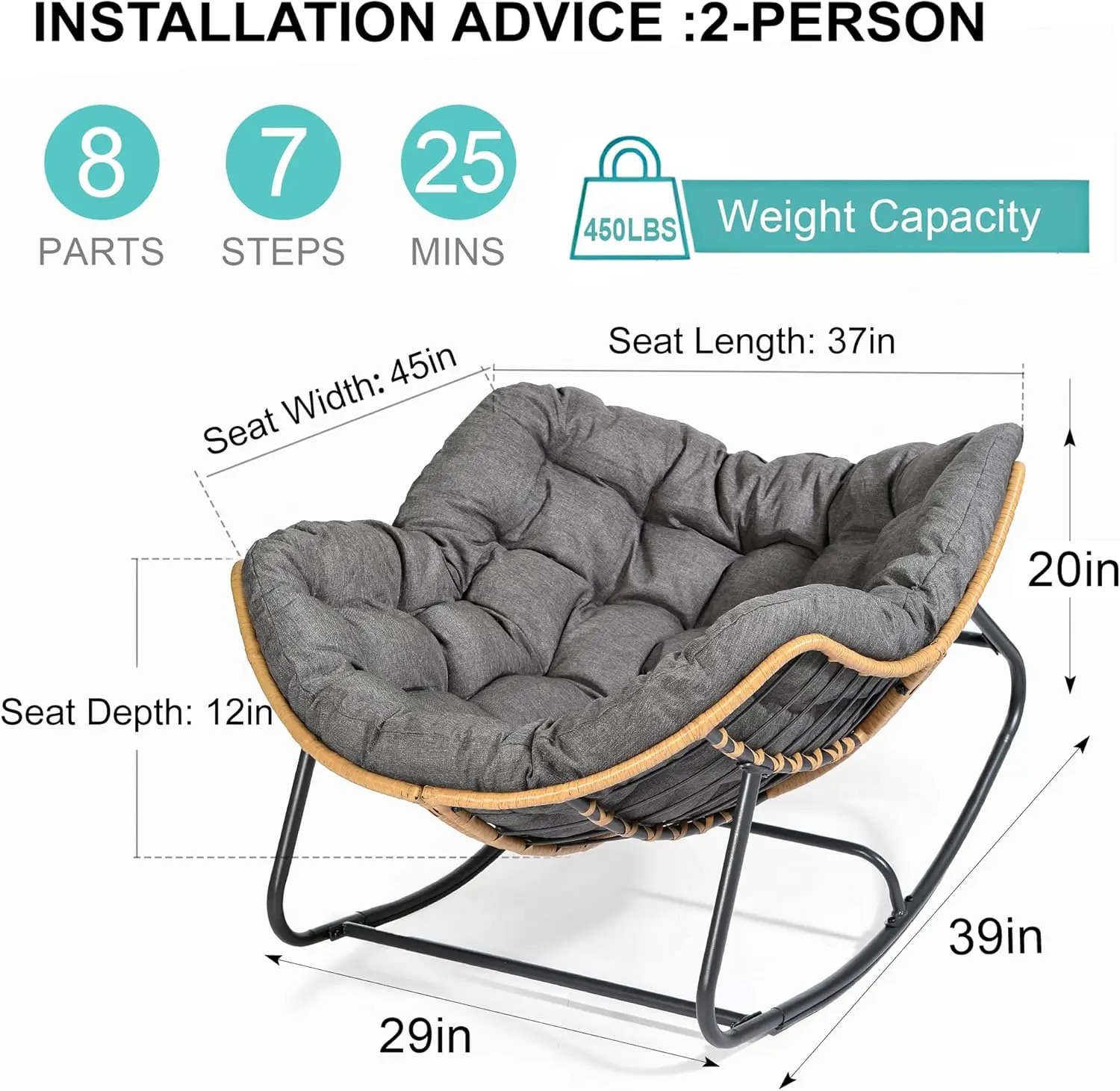 Outdoor Rocking Chair, Patio Egg Rocking Chair, Indoor Papasan Chair,Rattan Wicker Lounge Chair, Modern Royal Chair for Bedroom