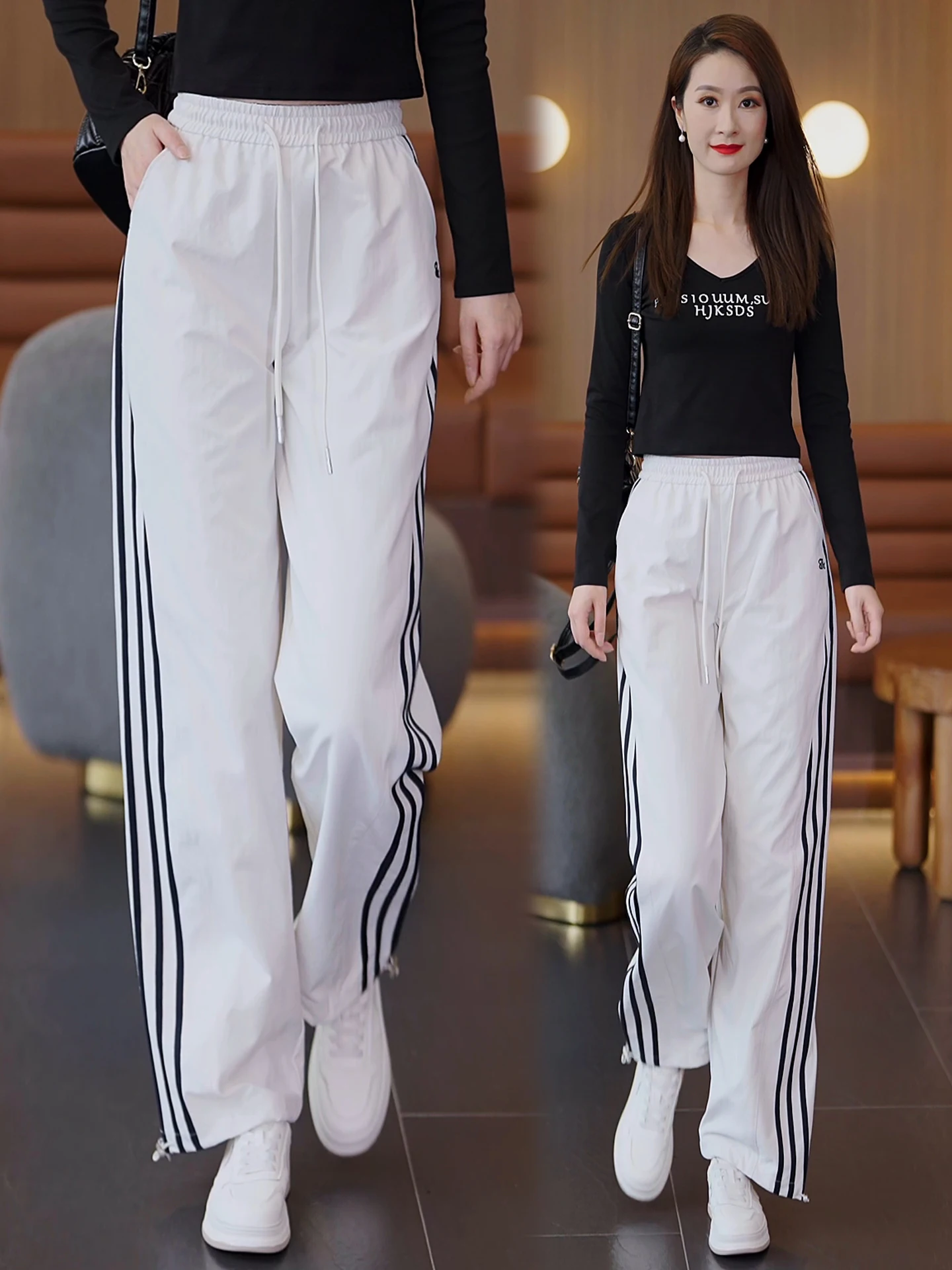 

Женские спортивные брюки с высокой талией и широкими штанинами, весенне-осенние, свободного кроя, повседневные прямые брюки с боковыми полосками, модные