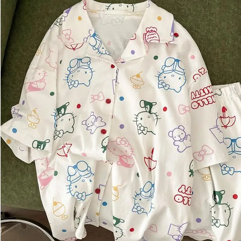 

Sanrio Hello Kitty Women's Pajama Set Kawaii Cartoon Summer Casual Sleepwear Short Sleeve Shorts Nightwear Student Home Suit New