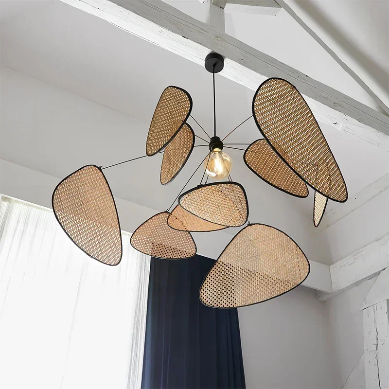 Rattan Weaving Chandelier Wicker Lamp Petals Hanging Lighting Flower Japan Style Pendant Lights for Living Room Dining Table Bar