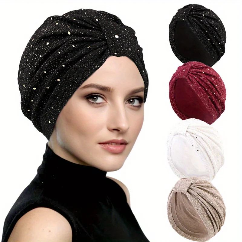 

Fashionable and Generous Hat with Sequins Wrinkled Cloth Knotted Headscarf Muslim Headband Cloth Hat