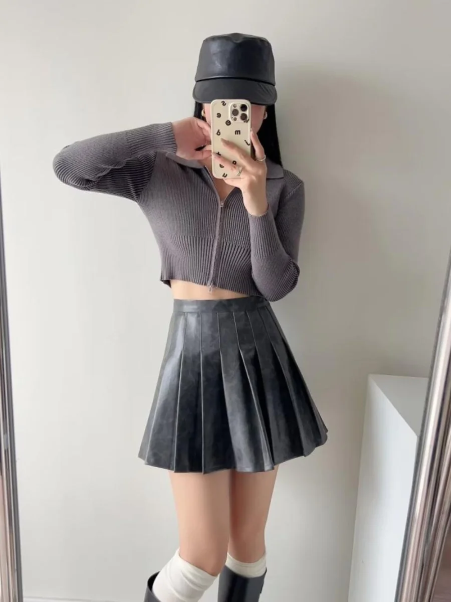 Falda americana Sle de cintura alta para mujer, falda ort de Color que se decolora, de cuero, antiligera, diseño acera, calle Sle