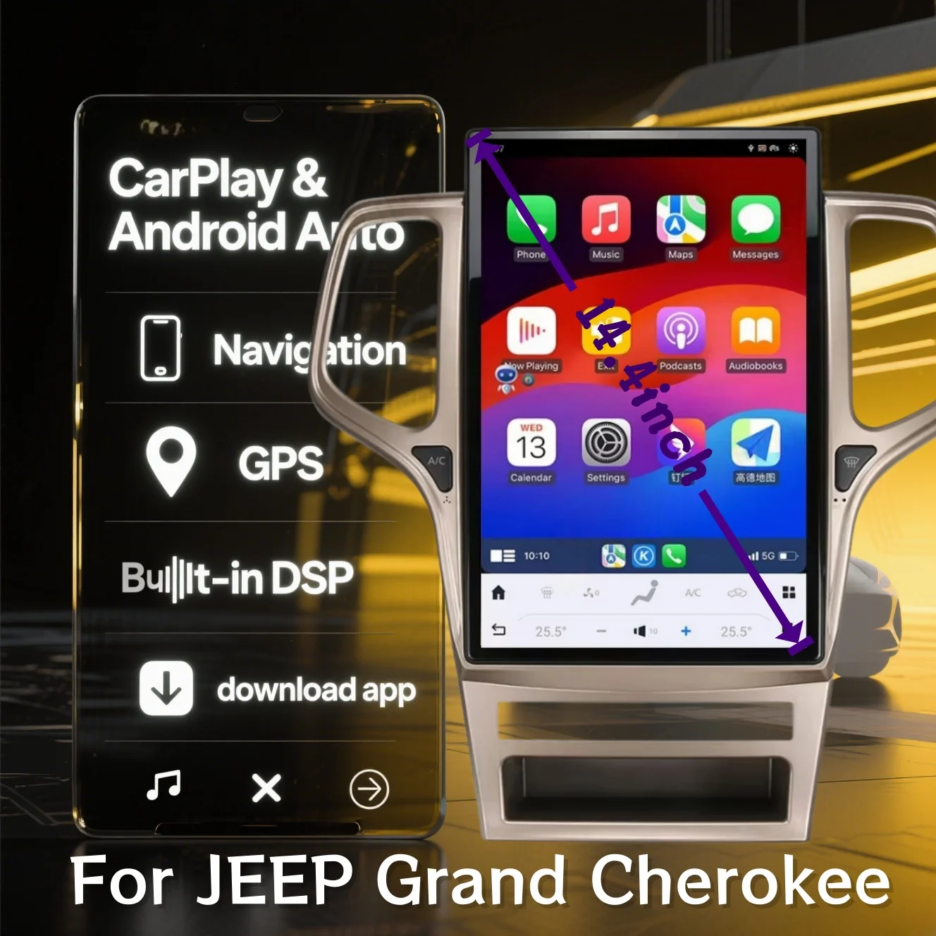 

14,4-дюймовый Android 8 + 128 ГБ для JEEP Grand Cherokee 2010-2021, автомобильный GPS-навигатор, мультимедийный плеер, радиолента, аксессуары для головного устройства