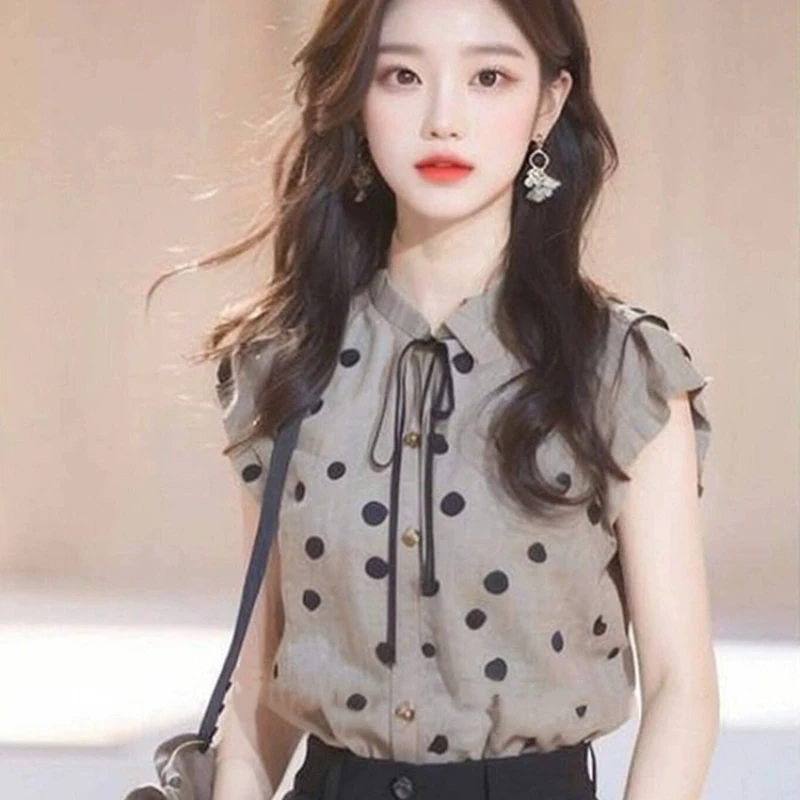 

Vintage Women's Blouses Korean Shirts FASHION Loose Spring/Summer Dots Vintage Clothing Sleeveless Women Tops
