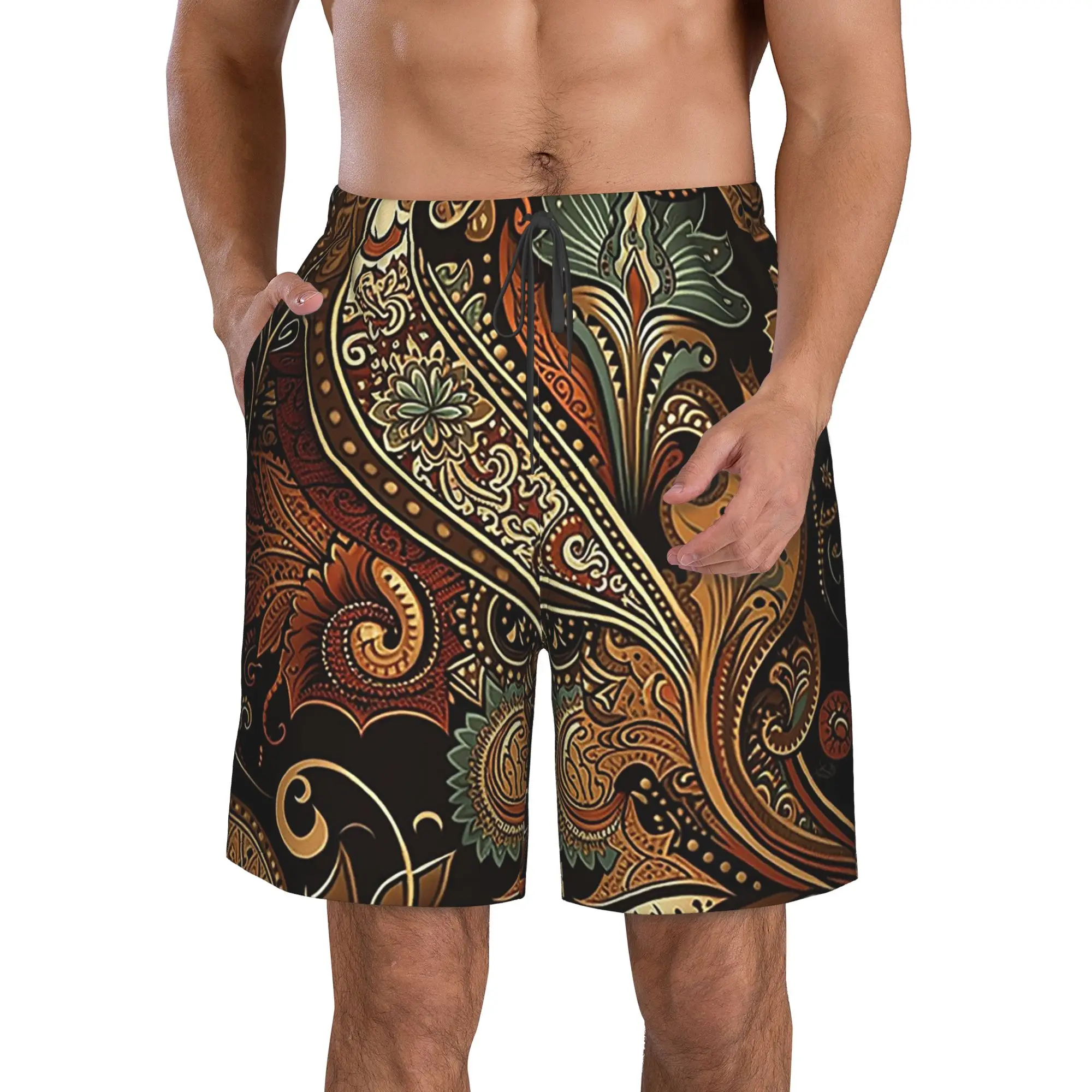 Dark-Colored Paisley Pattern Trunks Beach Board Shorts Casual Quick Dry Swim Summer Men Pants