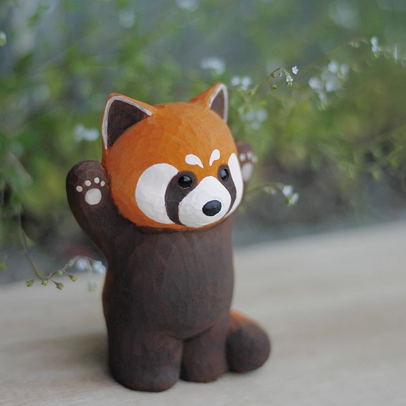 Cute Home Decor Red Panda Handmade Wood Carving Ornaments Solid Wood Animal Wood Sculpture Desk Accessories Kawaii Figurine