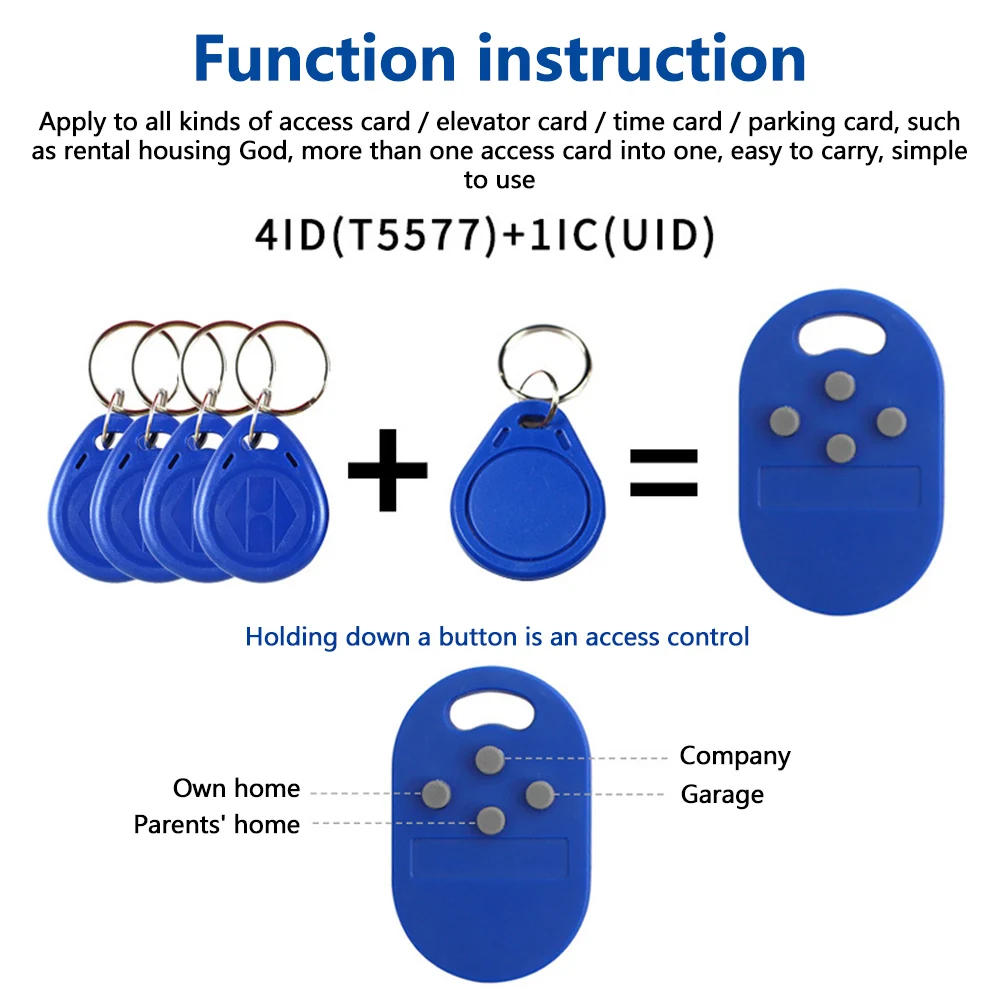 Llavero múltiple RFID 5 en 1, 125khz, T5577 EM ID grabable IC 13,56 Mhz, 1k S50 UID, etiqueta fob intercambiable, 1 unidad