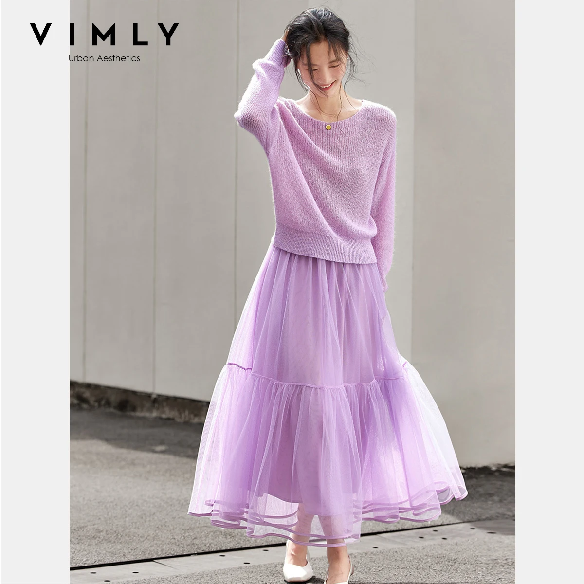 

VIMLY Elegant Female Purple Skirts Sets Knitted Slash Neck Tops Mesh Midi Skirts Autumn 2025 Casual Ladies Two Piece Sets A2397