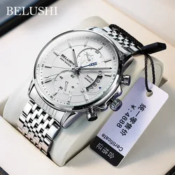 Men Watch Business Three Eye Timing Genuine Leather Waterproof Luminous Watch Steel Strip Male Fashion Quartz Clock Wristwatches