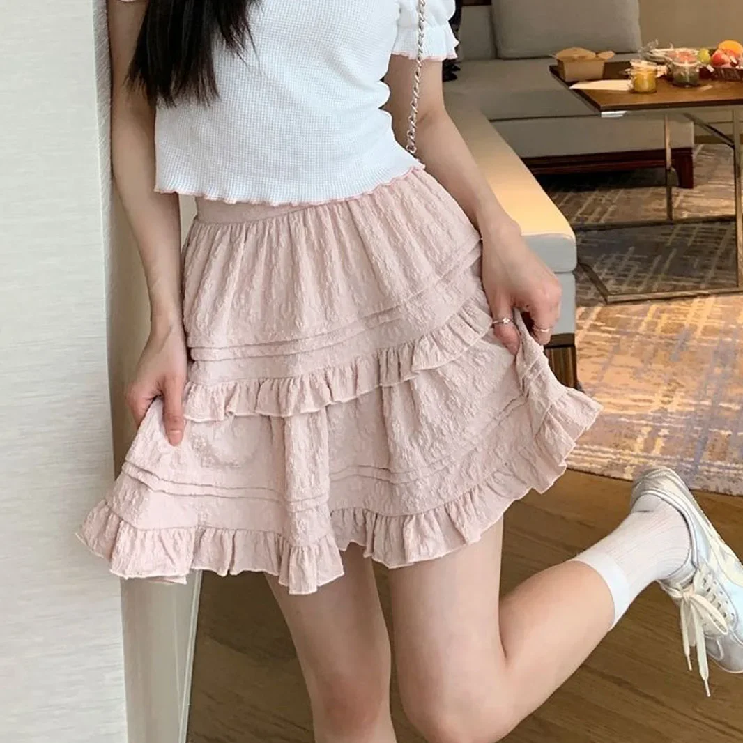 

Pink Summer High Waist Ruffle Cake Skirt Japanese Sweet Girl Mini Lolita Korean Harajuku Y2k Aesthetic Swing Pleated Fairy Skirt