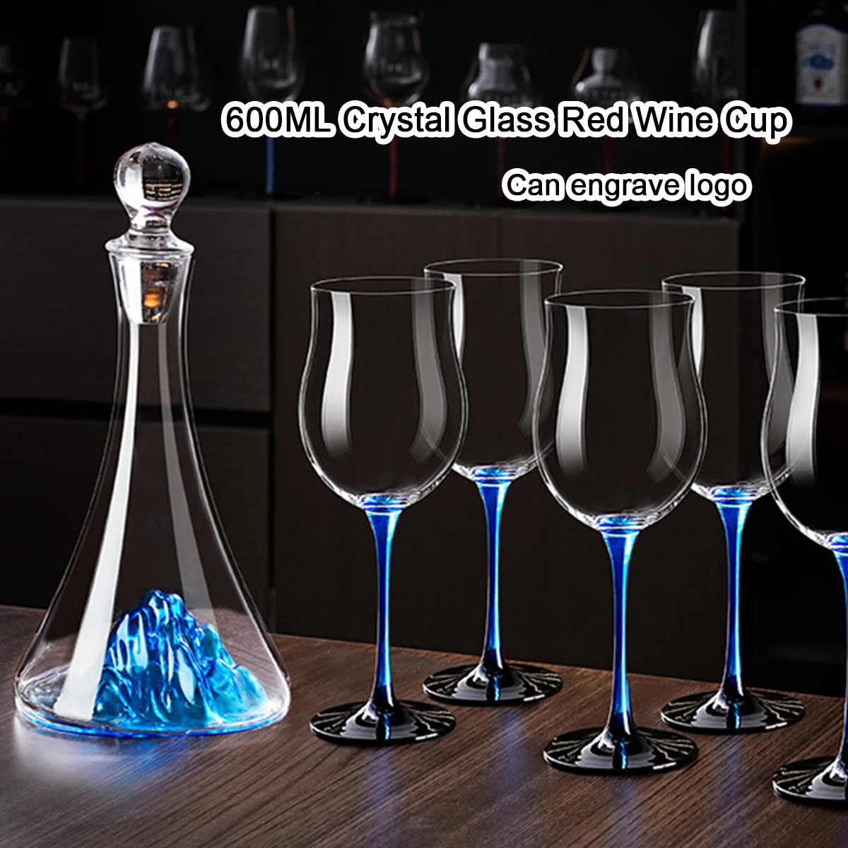 

(Can Engrave Logo) 600ml Large-capacity Crystal Red Wine Glass, set of two, Red/Blue Stems, Burgundy Goblet, Wedding Cup