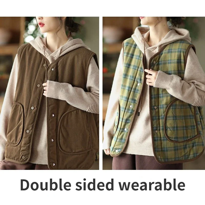 Oversized Women Vintage Plaid Puff Vest Cotton Autumn/Winter Sleeveless Jacket Cardigan New Buttons Cardigan Coats