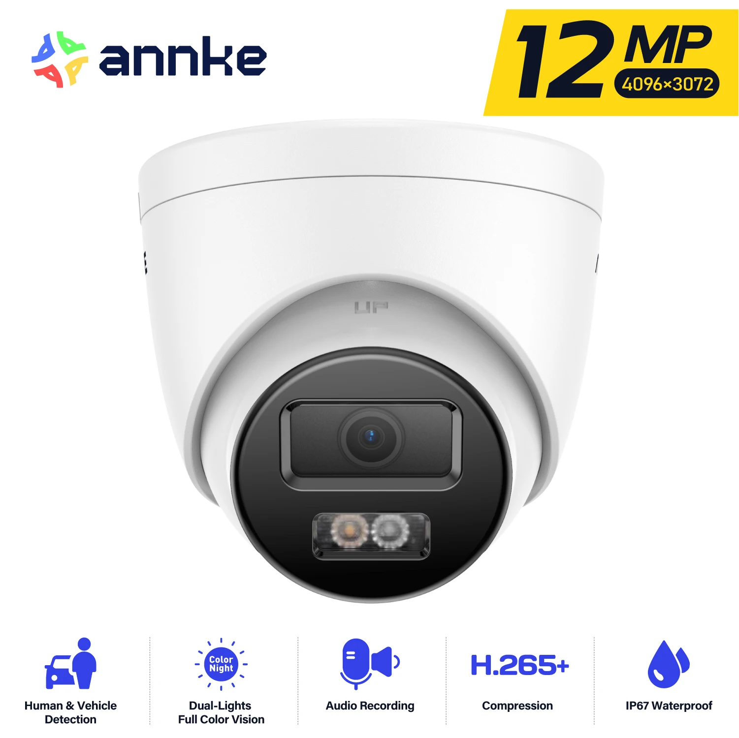ANNKE 12MP Smart Dual-Light PoE IP Camera, Motion Detection 2.0, H.265+ 30m Night Vision, Built-in Mic, IP67 Waterproof, Wide Angle Outdoor Bullet Security Camera C1200