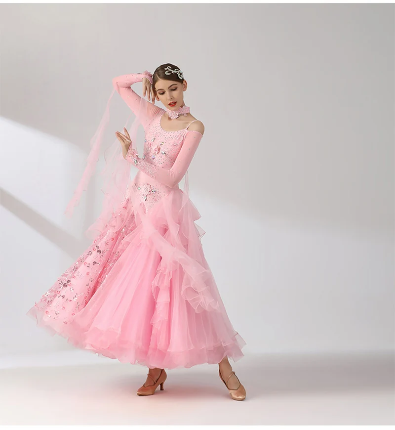 Lady's High Quality Standard Ballroom Dance Dresses Pink Elegant Ballroom Competition Dance Dress Women Waltz Dancing Skirt