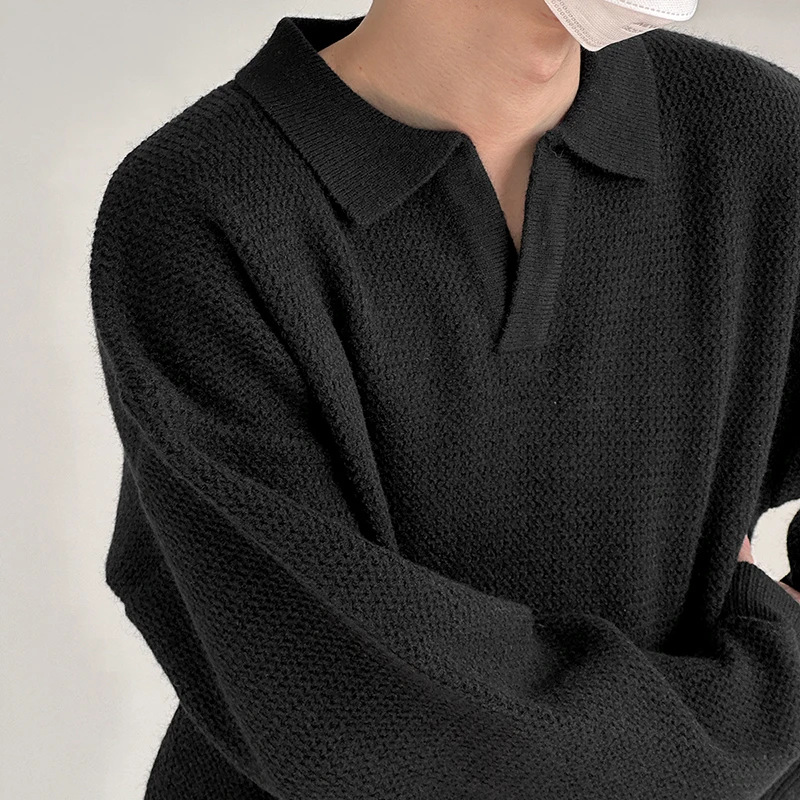 Herbst Winter Koreanischen Stil männer Revers Polo Shirts Pullover Pullover Vintage Lose Innere Layered V-ausschnitt Strickwaren Pullover Jumper – Detail 15