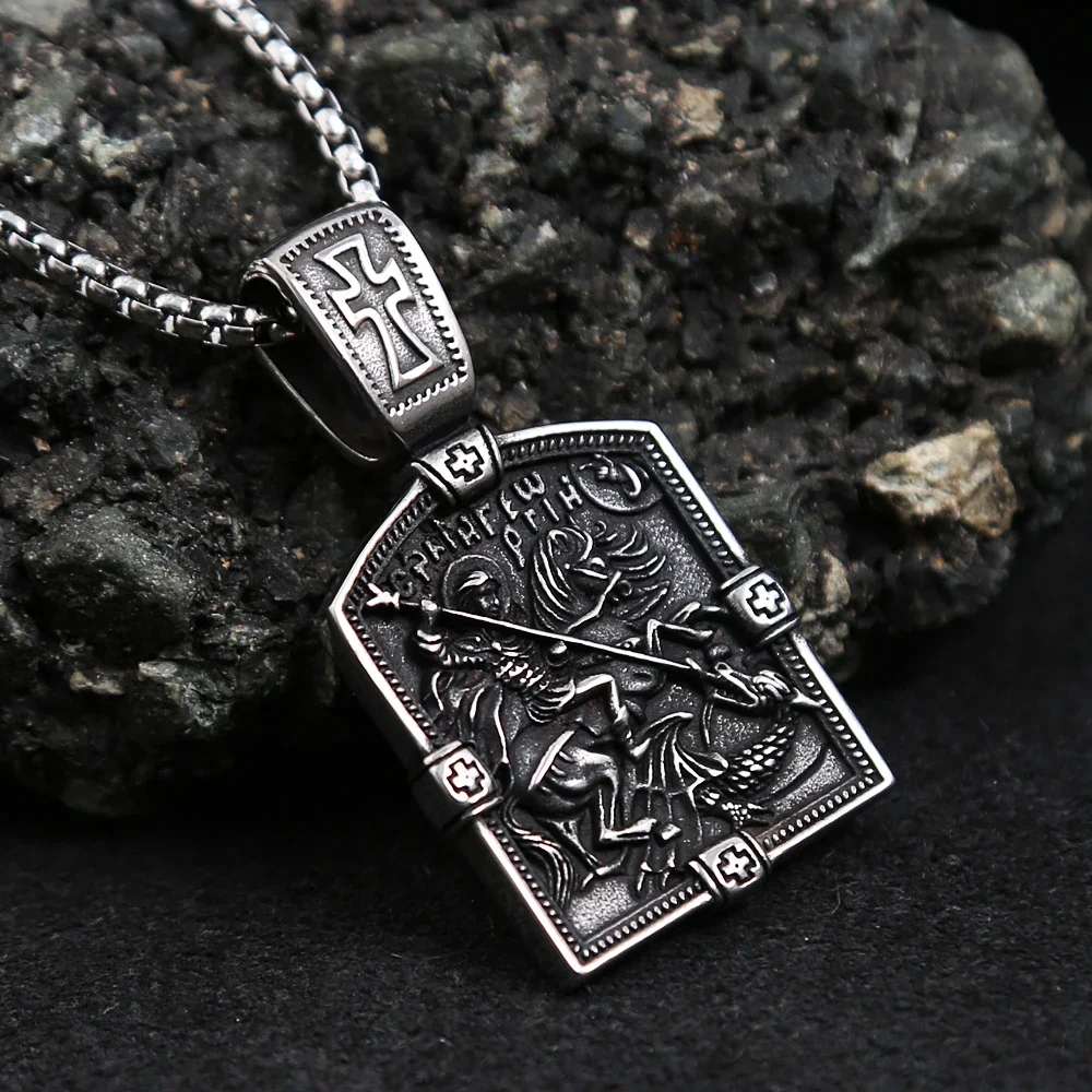 Retro Small Size Dragon Slayer St George Pendant For Men Stainless Steel Cross Biker Necklace Amulet Jewelry Gift Dropshipping