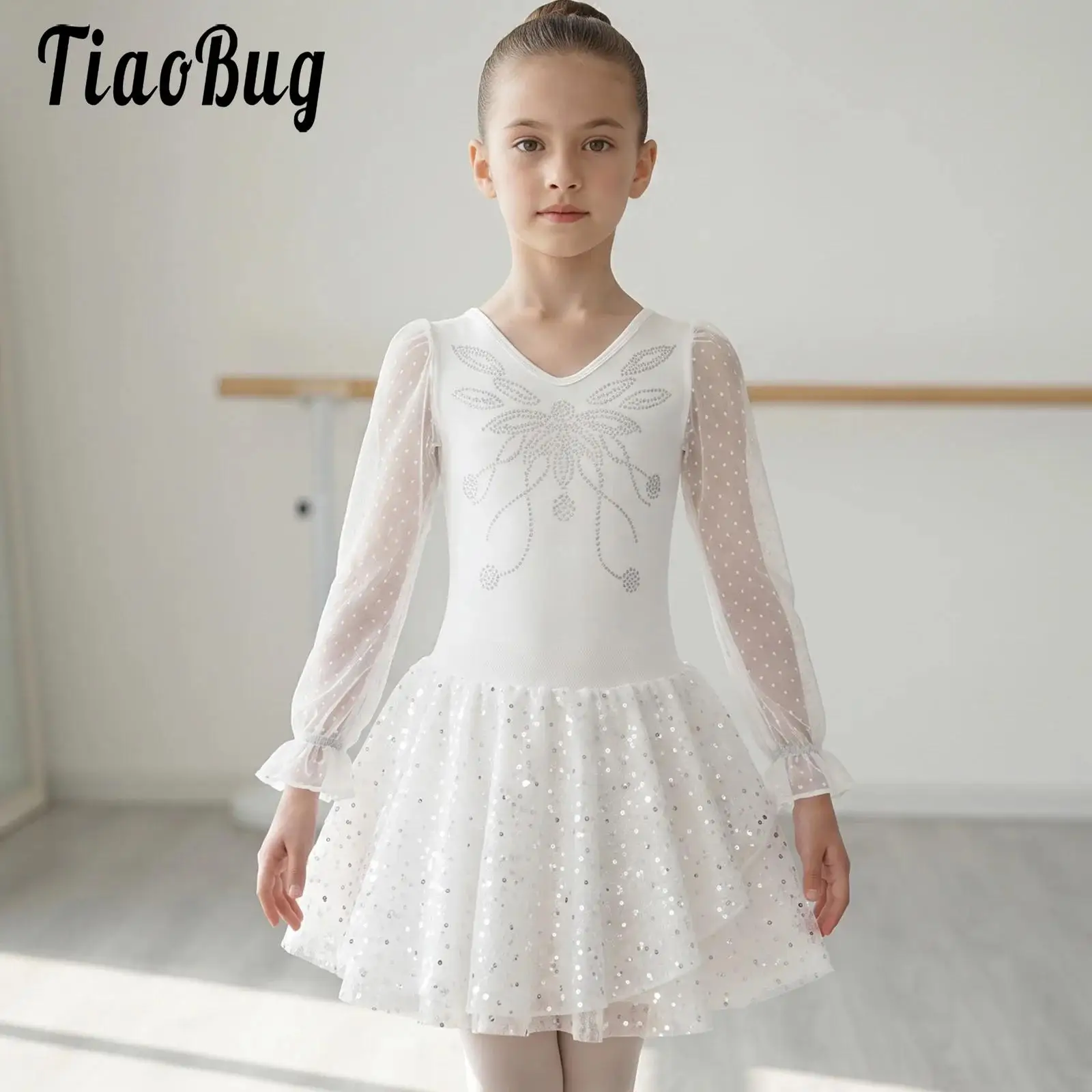 Kids Girls Ballet Dance Dress V-neck Sheer Mesh Long Puff Sleeve Cross Back Shiny Rhinestone Dress for Practice Performance