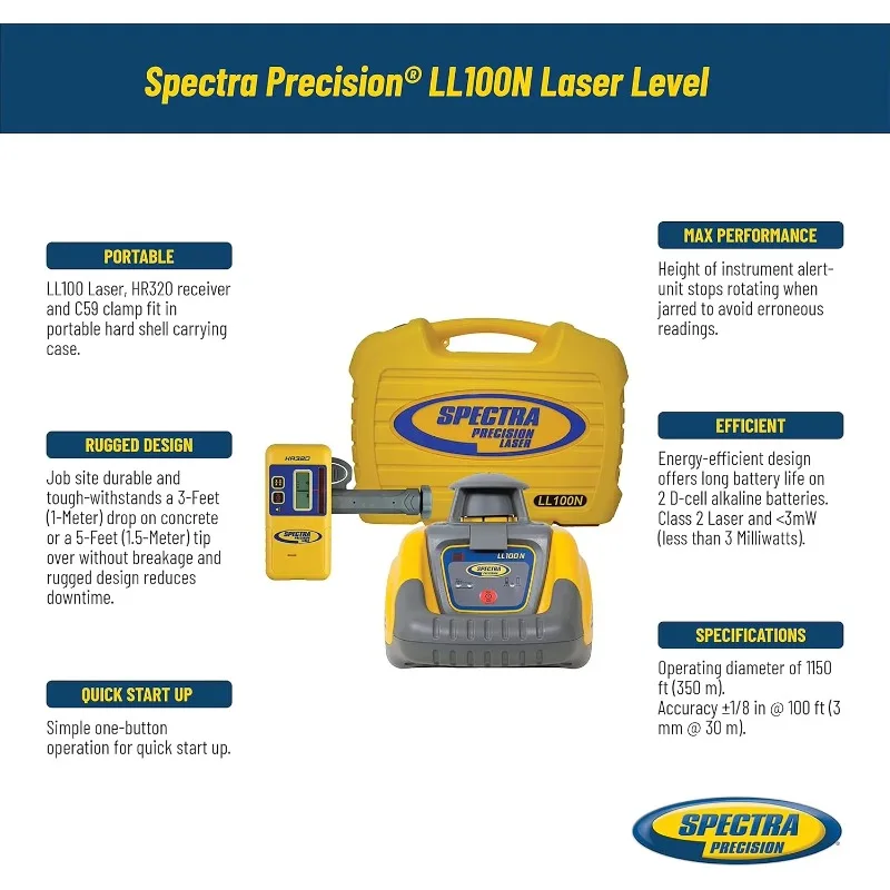 LL100N Laser Level, Self-Leveling laser with HR320 Receiver, C59 Rod Clamp, Alkalie Batteries,