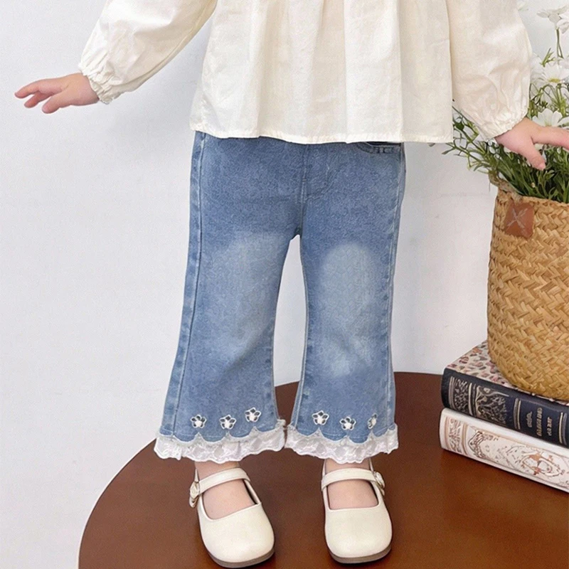 Girls' Jeans Spring and Autumn Western Style Lace Bootcut Trousers Baby Girls' Cute Stylish Versatile Korean Style Long Pants