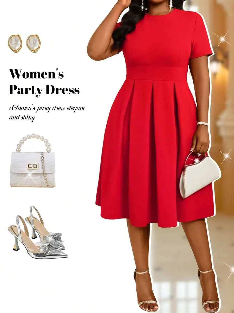 

Красное вечернее платье А-силуэта с плиссированной юбкой, коротким рукавом и круглым вырезом для элегантных мероприятий