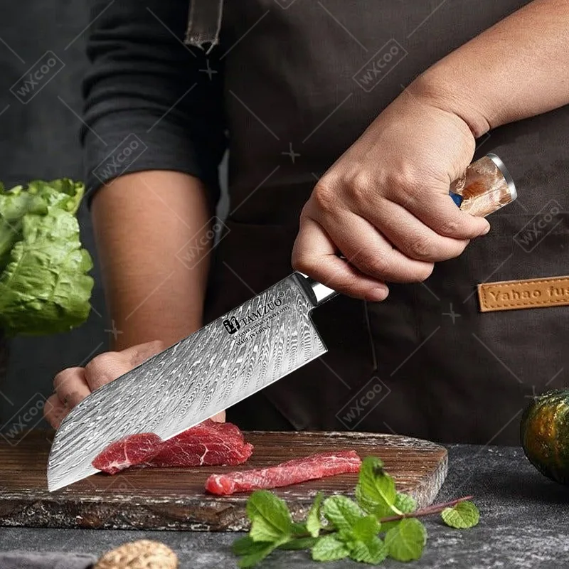 WXCOO Japanese Kitchen Chef Knives Professional Damascus Pattern Ultra-Sharp Santoku Knife Fruit Peeler Utility Knife with Box