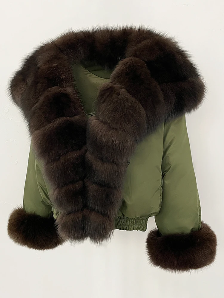 New Parker Coat Winter Clothes Women Big Natural Fox Fur Down Coat Fashion Warm Short Real Fur Cuffs Puffer Jacket Female