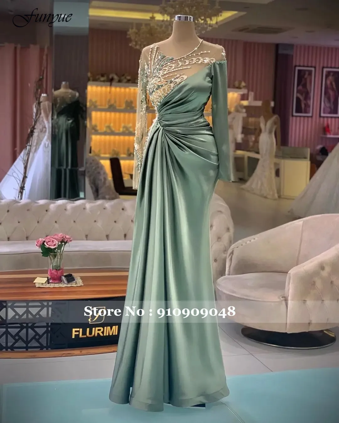 Funyue Mint Green Evening Dresses Mermaid Pleated Prom Gowns Lace Appliques Beading Long Sleeve Formal Dress Women Elegant