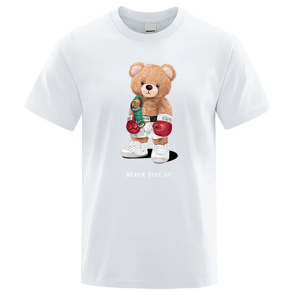 Strong Boxer Teddy Bear Never Give Up Print divertente t-shirt uomo cotone Casual maniche corte allentato Oversize XS-XXXL Tee abbigliamento