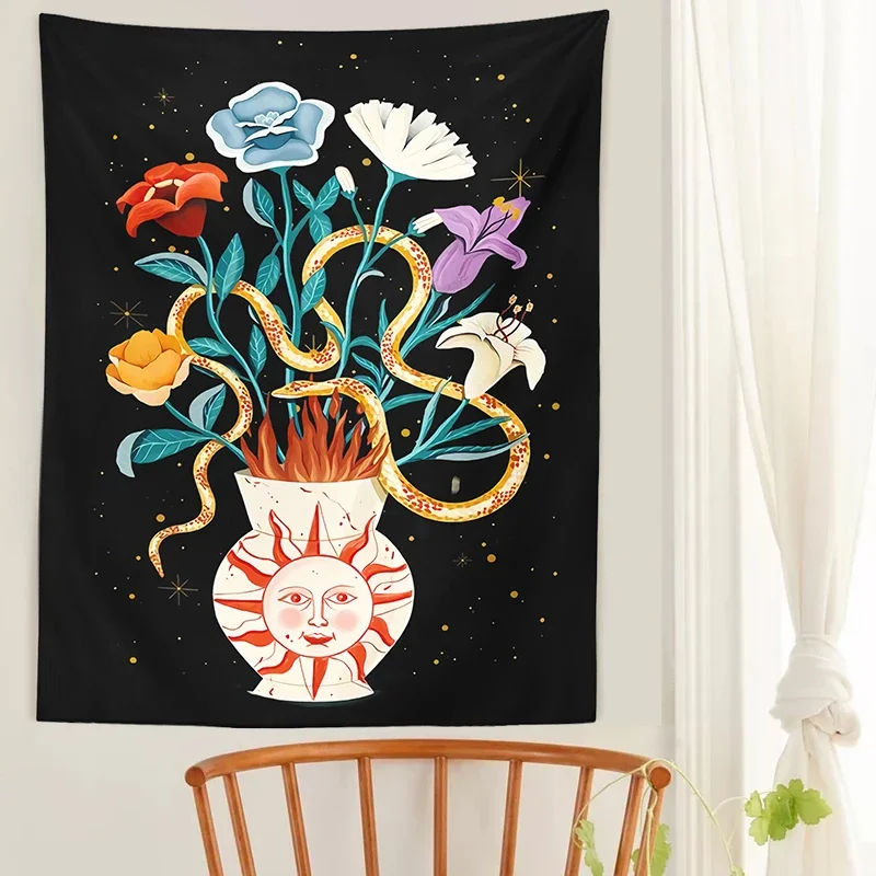 Tarot sun Tapestry Flower Hand Wall Hanging vase snake Black Throw Wall Blanket Home Decor Hippie Mattress Dorm Room Decor