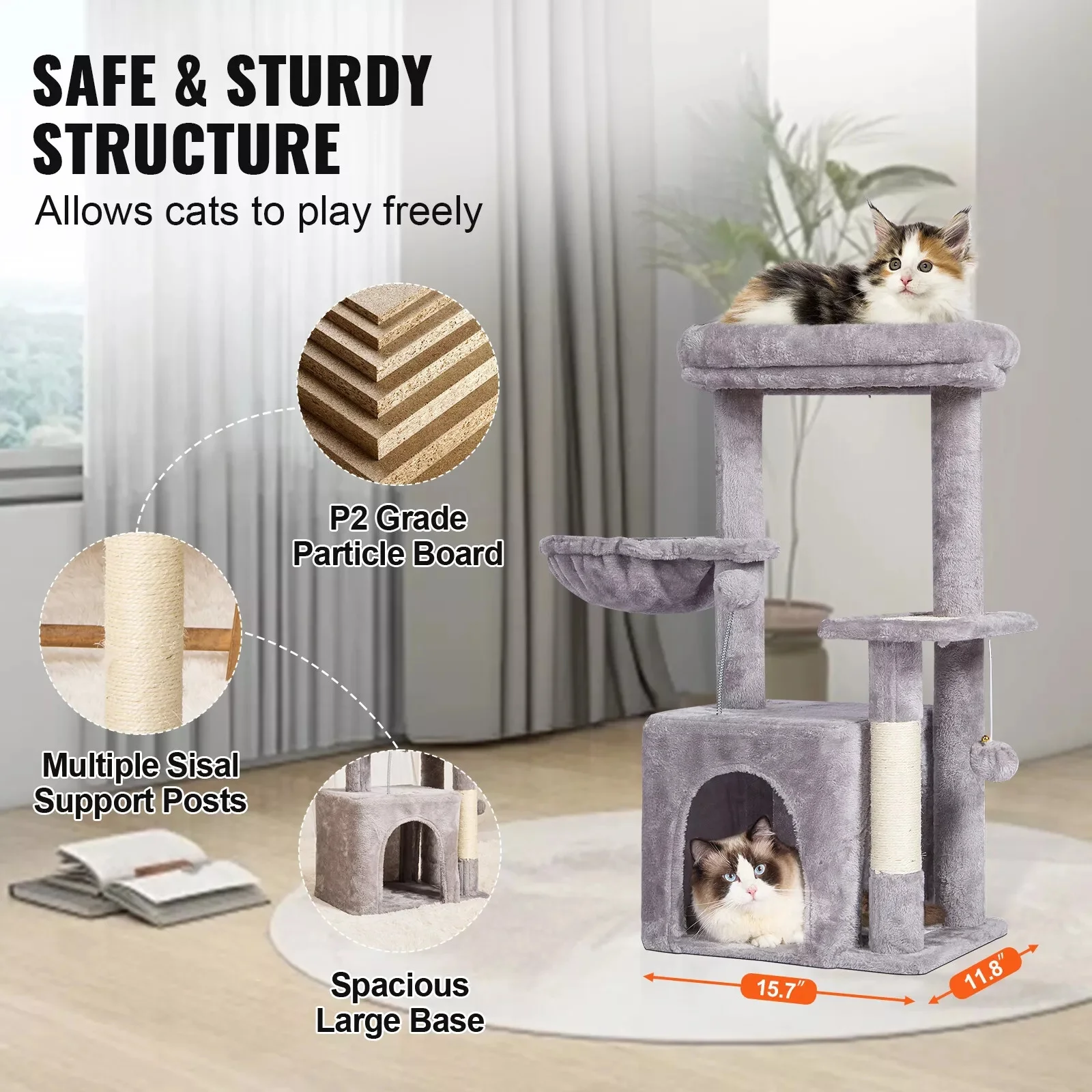 Pohon kucing 31.4 "Menara kucing dengan kucing Kondominium Sisal menggaruk Post Light abu-abu