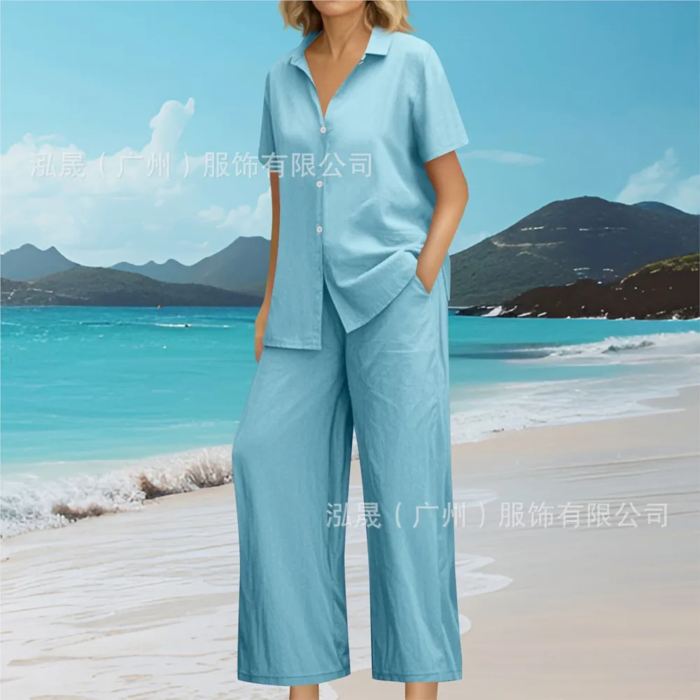 

Fashion Short-sleeved Shirt Long Pants Women 2 Piece Set Summer New Casual Loose Wide-leg 9 Inch Pants Pocket Female Office Suit