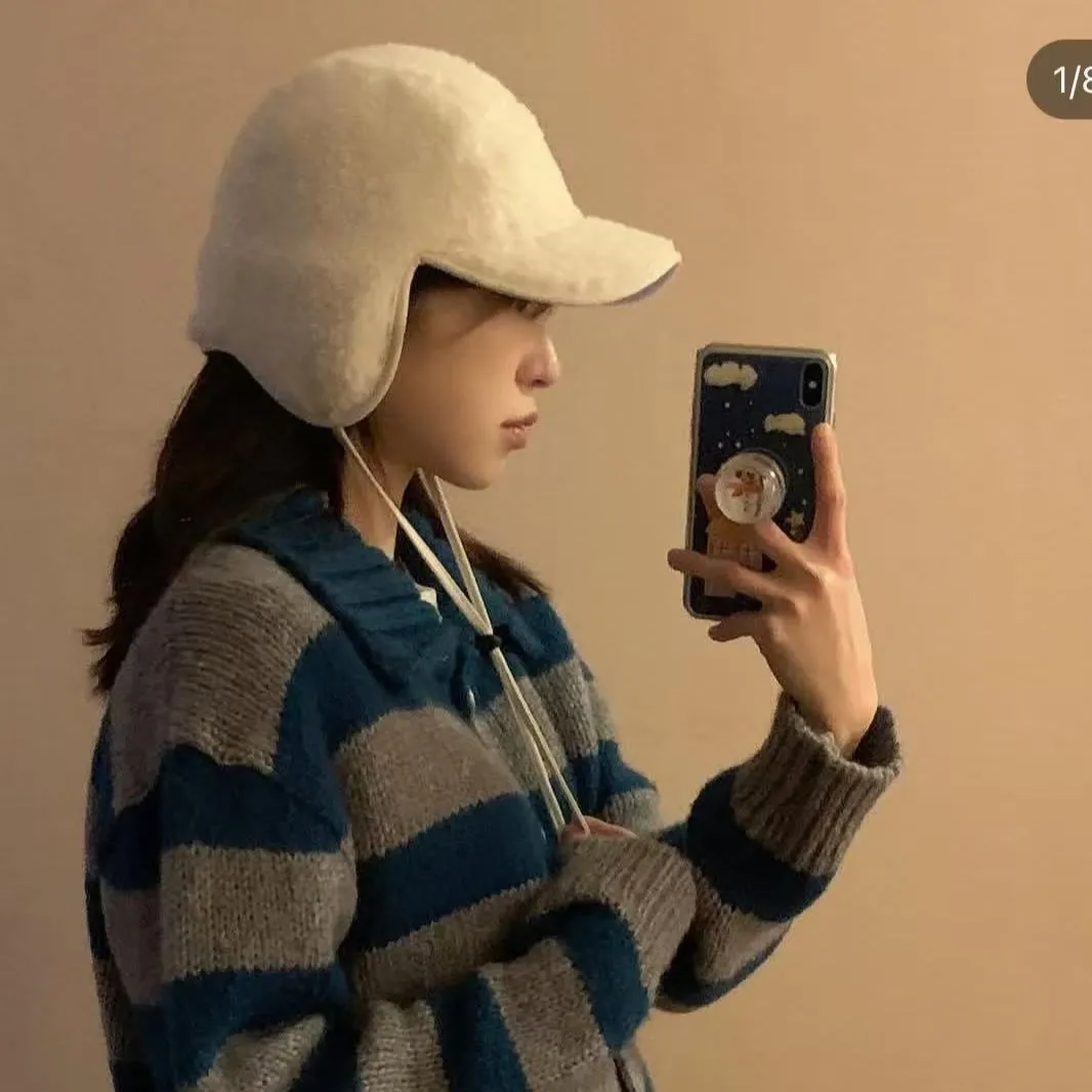 Korean Original Order ins Same Solid Color Lamb Wool Fleece Ear Protector Warm Lei Feng Hat Simple Flying Bomber Hat Winter