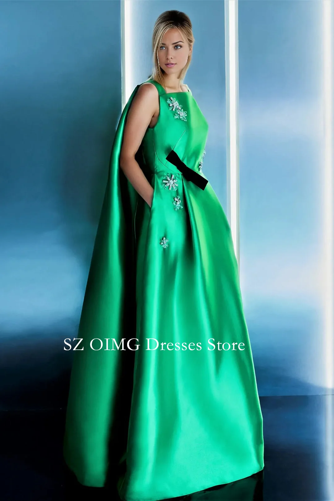 Square Neck 2024 New Summer Women\'s Maxi Green Satin Prom Dress with a Cape Fashion Elegant Celebrity Vintage Party Dress