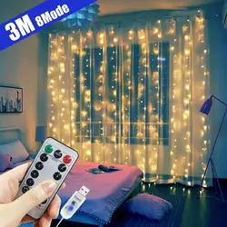 Luz LED de hadas para decoración de fiestas, luces de cortina de dormitorio, USB, 3M, 4M, 6M, 8 modos, navidad