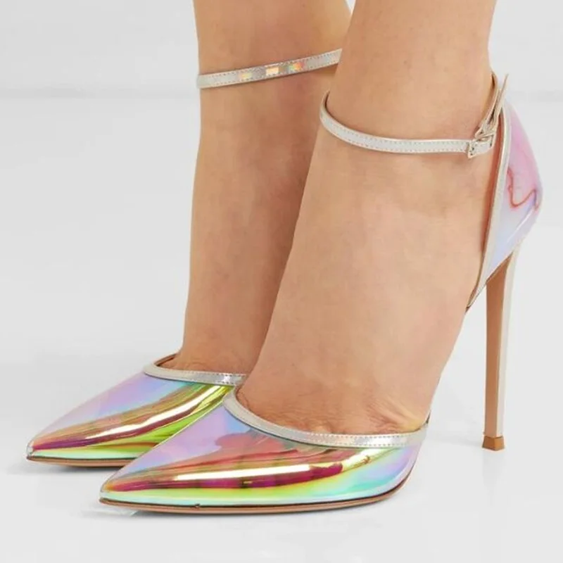 

Hologram Iridescent Women Pumps Pointed Toe Ankle Strap Fluorescent Leather Evening Party Dress Shoes