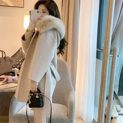 Winter Women Faux Woolen Beige Overcoat With Fur Hooded Fashion Belt Out Streetwear Long Sleeves Loose Coat